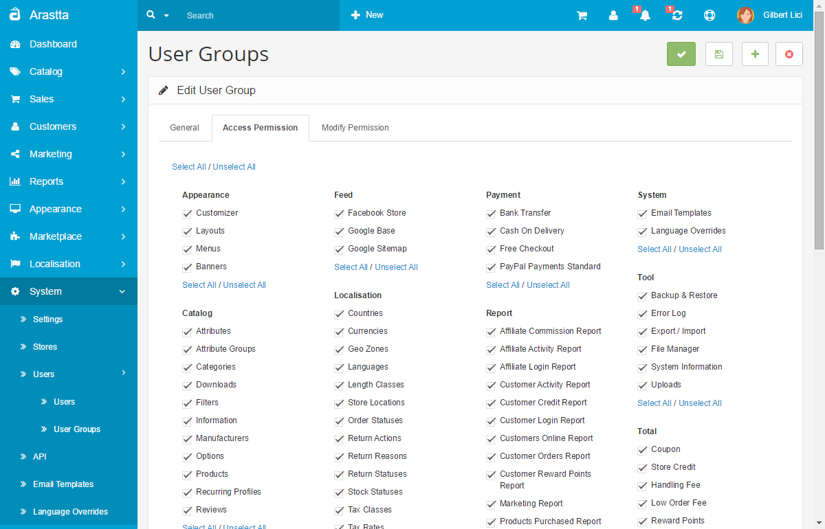 user groups backend access permission tab