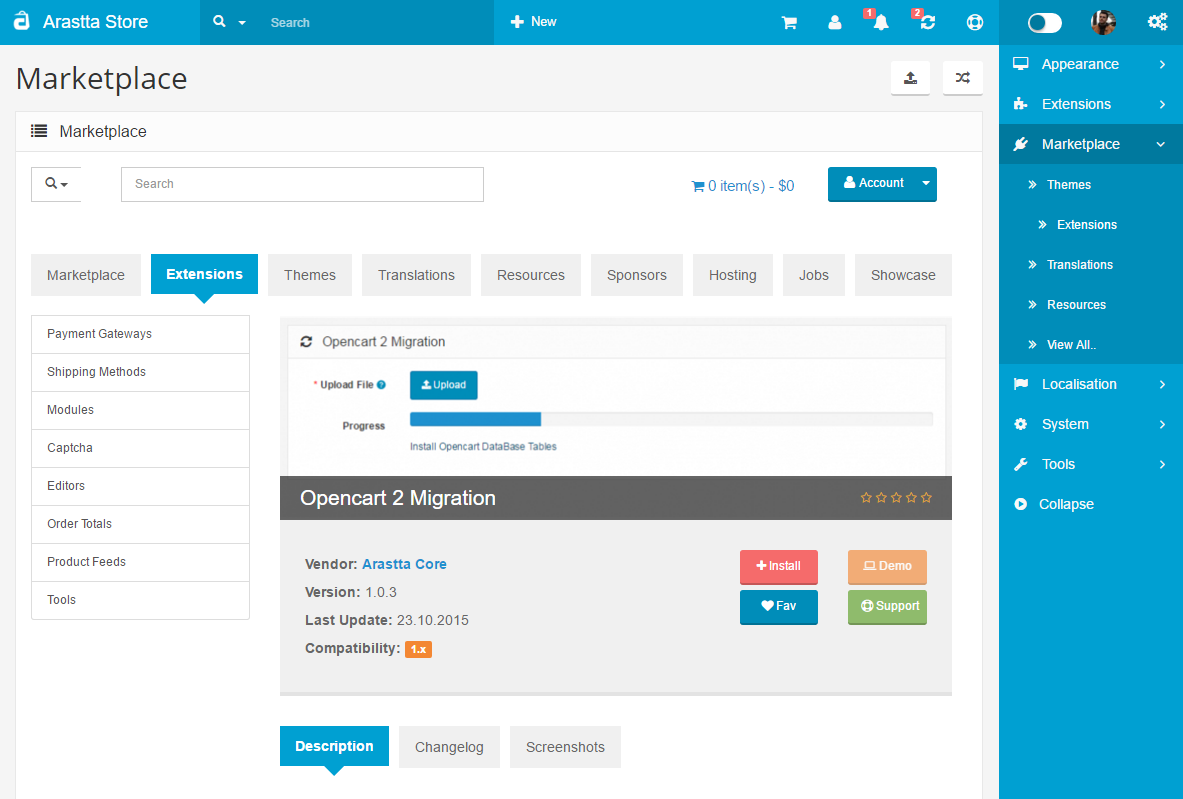 opencart 2 migration extension