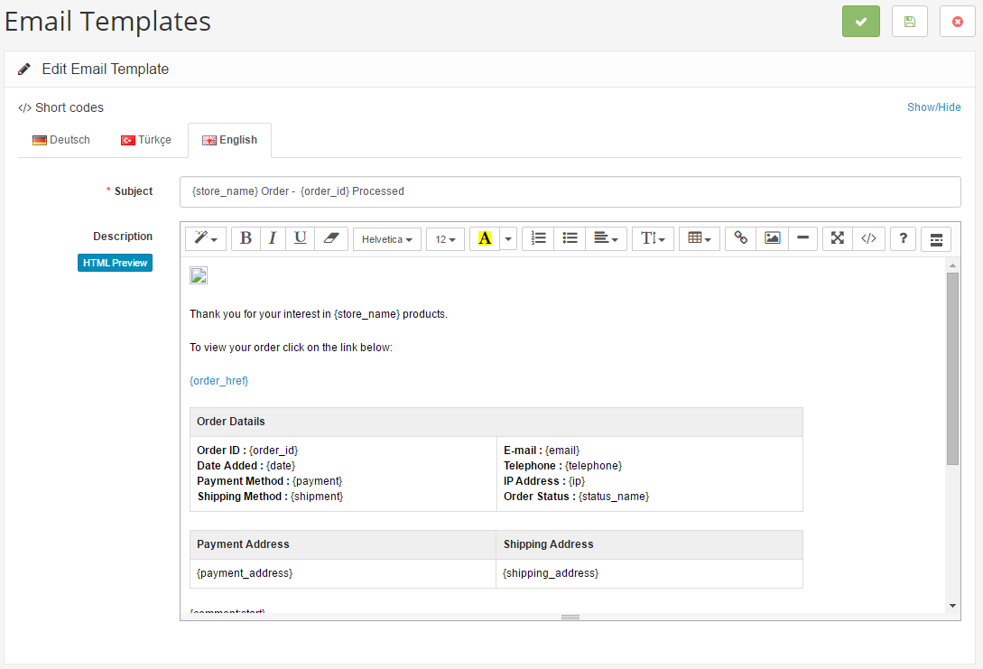 email templates edit page
