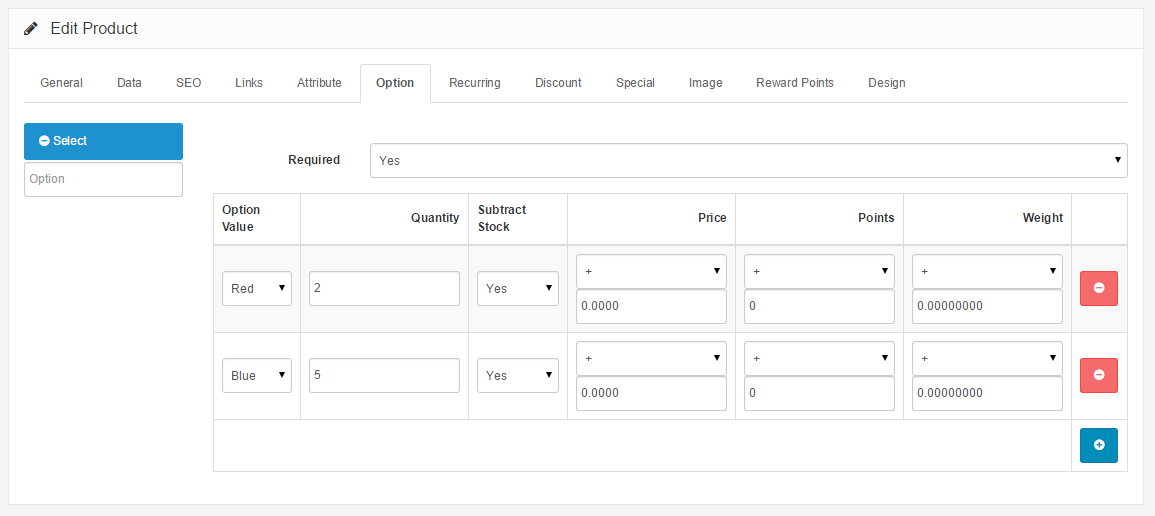 products option value